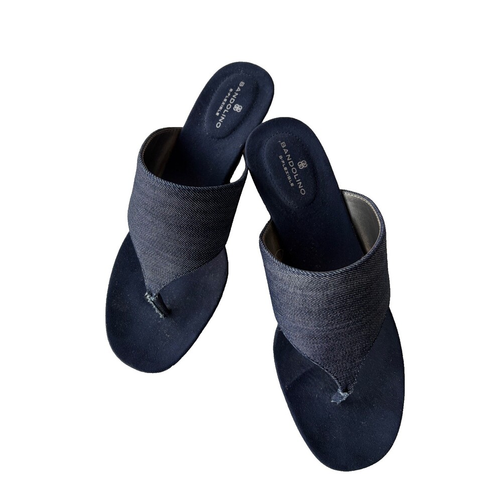 Bandolino Sandal Wedge Sz 8.5 Dark Blue Denim Thongs w/ Navy Blue Heel